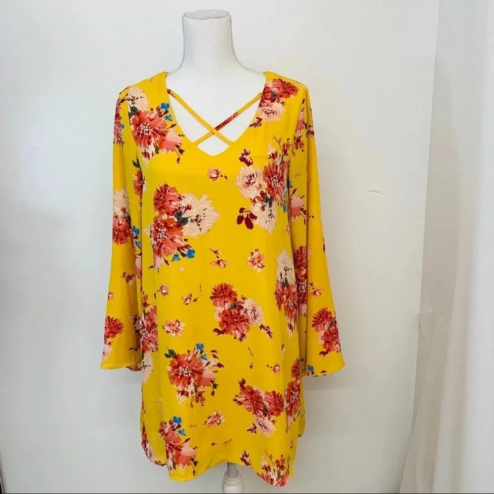 AUW Floral Short Dress Small Yellow Red‎ Sheer Lined Long Bell Sleeve  Key Hole